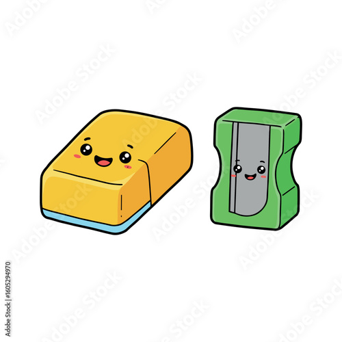 Cute stationery characters with smiling eraser and sharpener in cartoon style. Vector illustration