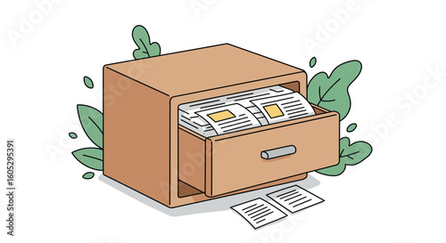 Retro filing cabinet with open drawer and green foliage accents