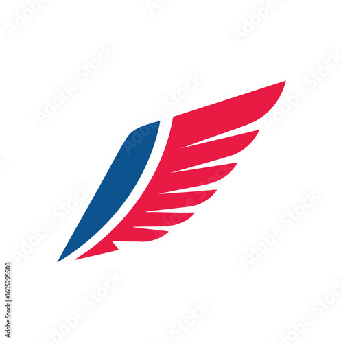 Dynamic Wing Logo Icon. Abstract emblem featuring a crimson and azure feathered shape, symbolizing rapid motion, freedom, and soaring aspirations. Conveys progress and achievement.