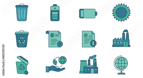 Eco-friendly icons: recycling, renewable energy, sustainability concepts in flat design