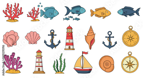 Nautical elements collection featuring marine life and coastal symbols in flat style