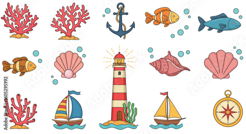 Nautical elements collection with coral, shells, and boats