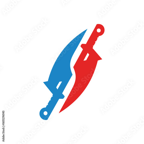 Dueling Blades Emblem. Bold graphic portrayal of two distinct bladed armaments, one crimson and one azure, clashing. Conveys power, rivalry, or a forceful encounter.