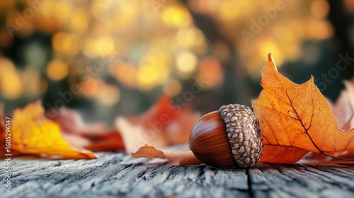 Autumn Acorn Resting on Wooden Surface Surrounded by Fallen Leaves During Sunset