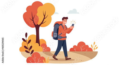 Happy hiker exploring autumn forest with smartphone in hand