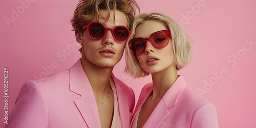 Stylish Young Couple in Pink Outfits and Sunglasses Posing Against a Pink Bac...