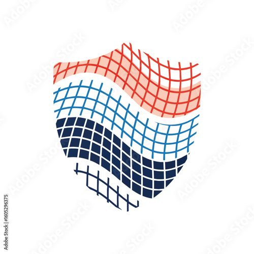 Dynamic Mesh Shield Abstract Symbol. Contemporary illustration of a flowing grid within a strong protective escutcheon. Implies resilient data safeguards and advanced digital systems.