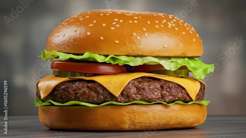 Juicy Cheeseburger with Lettuce, Tomato, and Melted Cheese in a Toasted Bun – Classic American Fast Food Favorite Served Hot and Fresh.