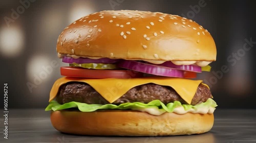 Juicy Cheeseburger with Lettuce, Tomato, and Melted Cheese in a Toasted Bun – Classic American Fast Food Favorite Served Hot and Fresh.