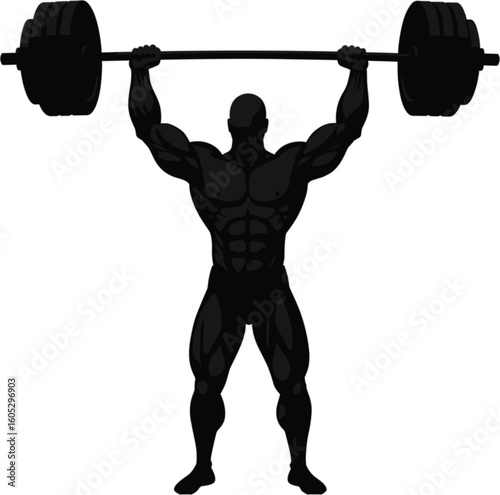 Weightlifting silhouette vector, person lifting heavy barbell overhead in powerful stance, black fitness graphic on white background, isolated workout artwork for stock image use