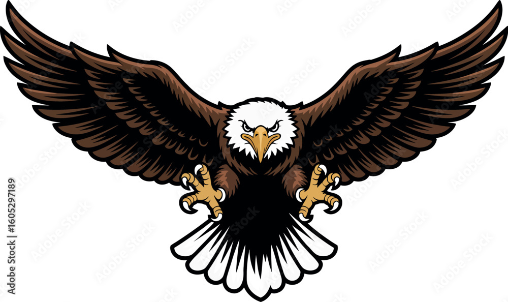 Obraz premium A cartoon bald eagle with brown wings spread wide and talons extended on a white background view