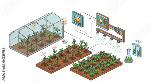 Smart farming concept with isometric greenhouse and iot technology
