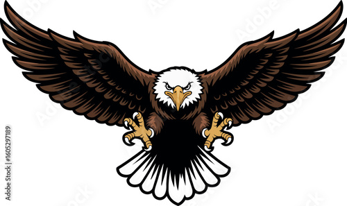 A cartoon bald eagle with brown wings spread wide and talons extended on a white background view