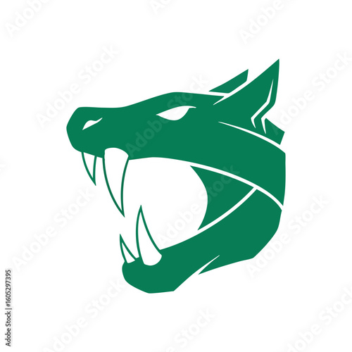 Furious Green Wildcat Head Design. A fierce, stylized emerald feline head, with an open mouth and sharp fangs. Ideal for athletic groups or potent branding.