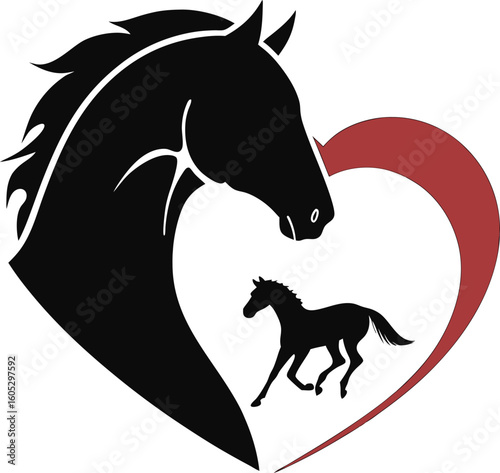 Vector art of a mother horse and foal silhouetted within a red heart shape