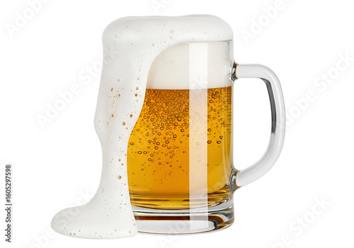 Frothy beer mug overflowing with foam isolated on transparent background