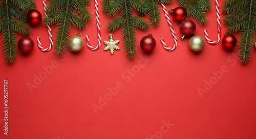 Christmas Flat Lay with Fir Branches, Baubles, and Candy Canes on Red Background – Festive Holiday Border