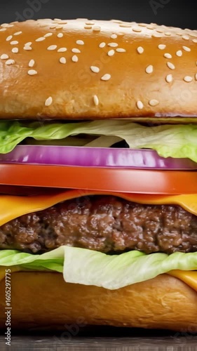 Juicy Cheeseburger with Lettuce, Tomato, and Melted Cheese in a Toasted Bun – Classic American Fast Food Favorite Served Hot and Fresh.