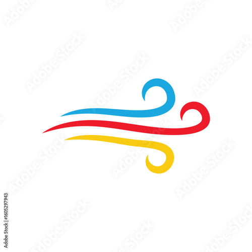 Vibrant Swirling Breeze Icon. Vivid blue, red, and yellow lines convey fluid motion. This elegant graphic represents air, wind, breath, and refreshing currents, ideal for purity or aroma concepts.