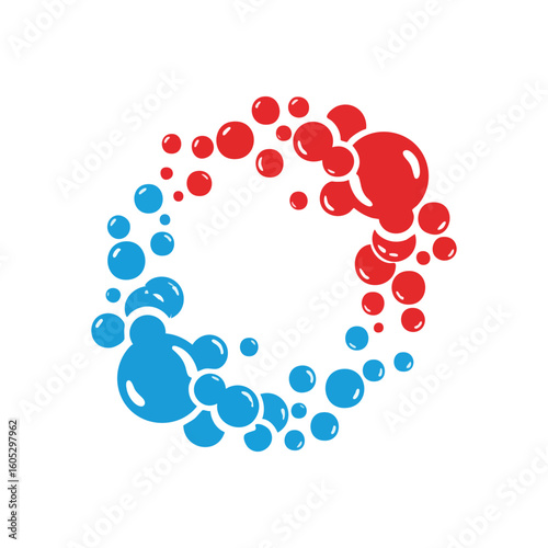 Dynamic Hot Cold Water Cycle. Vivid red and blue globules form an energetic, interconnected ring. Represents opposing forces, harmony, or fluid movement.