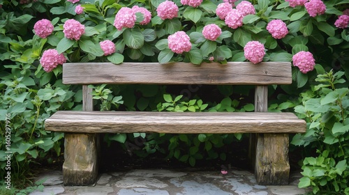 Wooden Bench Surrounded by Blooming Hydrangeas in a Tranquil Garden Setting D...