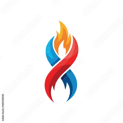 Dynamic Flame Energy Abstract Icon. Vibrant abstract emblem featuring a central blaze embraced by flowing red and blue elements, symbolizing balance and powerful connection.