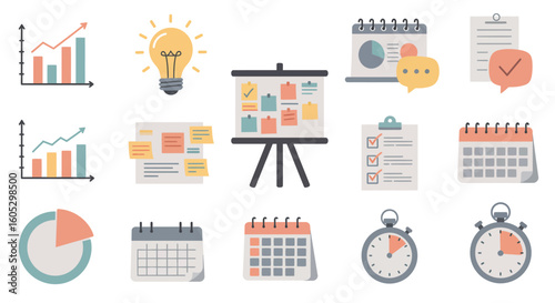 Flat style business planning graphics with charts and calendar elements
