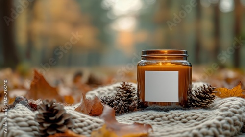 Cozy Candle on a Knitted Blanket With Autumn Leaves and Pine Cones in a Seren...