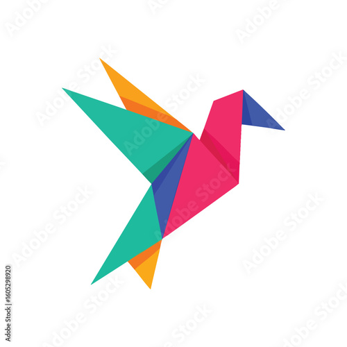 Abstract Avian Art with Bright Hues. Vibrant papercraft winged creature, constructed from striking polygonal shapes. This artwork evokes feelings of innovation, agility, and contemporary artistry.