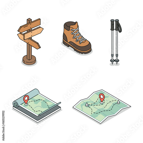 Hiking and navigation essentials: signpost, boot, trekking poles, and maps for outdoor adventures. Vector illustration