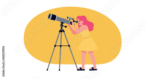 Colorful flat design young woman stargazing through telescope
