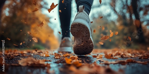 Person Walks on a Leaf-Covered Path During Autumn Afternoon in a Tranquil Par...