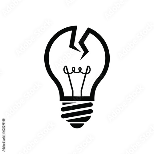 Broken Bulb Symbol of Failure. This stark illustration of a cracked electric light fixture embodies a collapsed idea or unresolved problem. It represents unfulfilled potential.