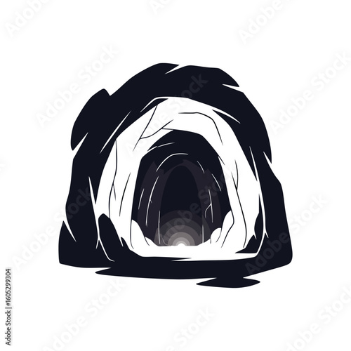 Mysterious Cave Entrance. Abstract artwork depicting a deep, shadowy grotto aperture. It evokes exploration, finding secrets, and the path to an unknown or emerging destination.