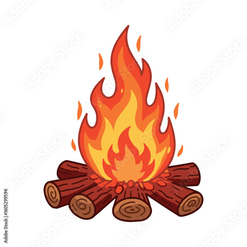 Cartoon style campfire with logs and bright flames. Vector illustration