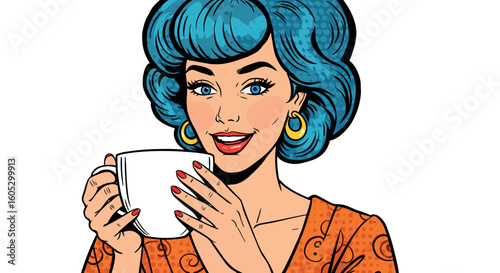 Retro pop art woman enjoys morning coffee with a smile