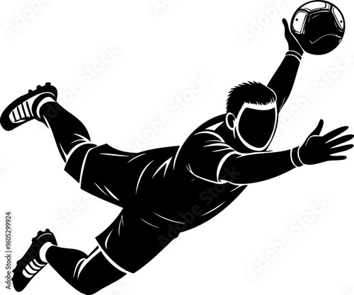 Soccer goalkeeper diving to catch ball with outstretched arms in dynamic action pose during game play