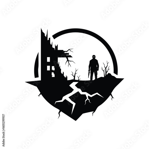 Apocalyptic World Survivor Landscape. Silhouette of a masked combatant amidst a desolate urban ruin, symbolizing the grim challenges of a broken society and the quest for survival.