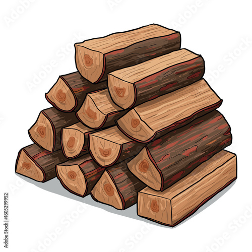 Stacked firewood logs illustration with natural wood texture and detailed coloring. Vector illustration
