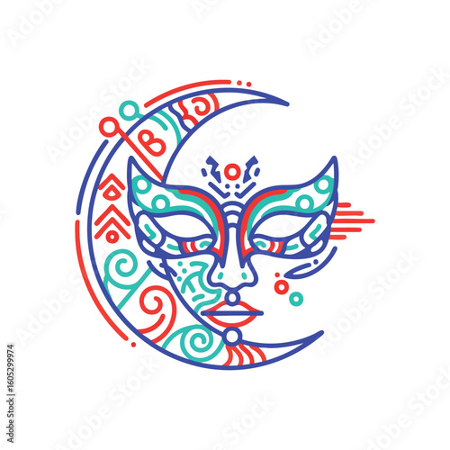 Colorful Celestial Mask Art. This vibrant graphic showcases an enigmatic face design integrated with a lunar crescent, symbolizing ancient mystique and universal wonder.