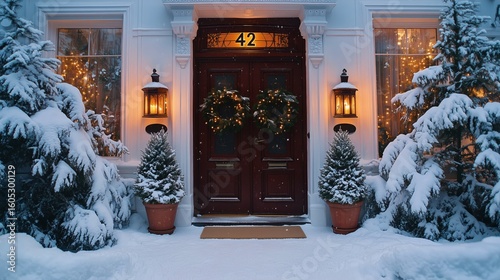 Charming Winter Holiday Decorations at a Cozy Door With Snow-Covered Trees in...