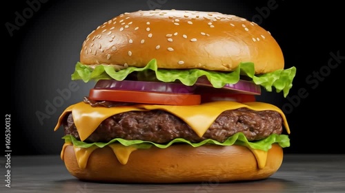 Juicy Cheeseburger with Lettuce, Tomato, and Melted Cheese in a Toasted Bun – Classic American Fast Food Favorite Served Hot and Fresh.