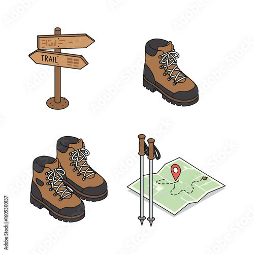 Hiking gear essentials: boots, signpost, map, and trekking poles for outdoor adventures. Vector illustration