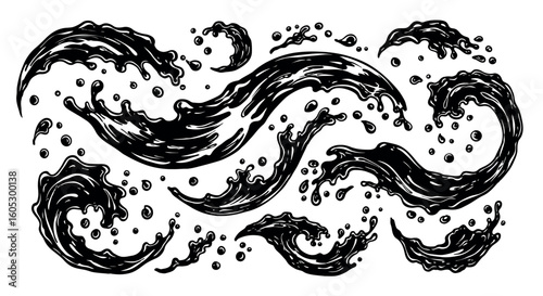 Dynamic black and white water waves in artistic motion for creative design projects