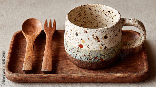 Ceramic cup with speckled design on wooden tray with utensils placed beside it