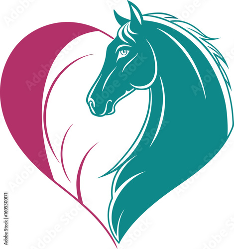 Vector art of a majestic horses head is framed within a stylized heart shape