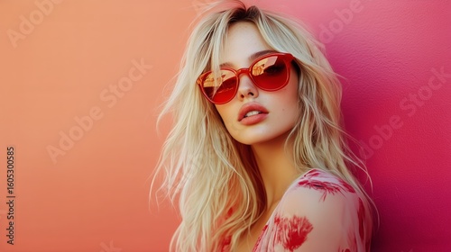 Bright Colors and Bold Attitude Highlight Woman Posing Against Vivid Pink Wall.