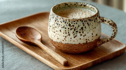 Ceramic cup with frothy beverage on wooden tray during morning setting