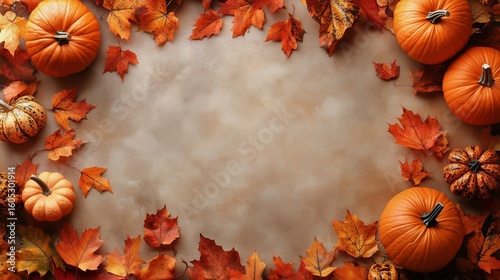 Autumn Decoration With Pumpkins and Colorful Leaves on a Neutral Background.