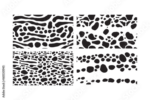 Four abstract black and white organic pattern variations